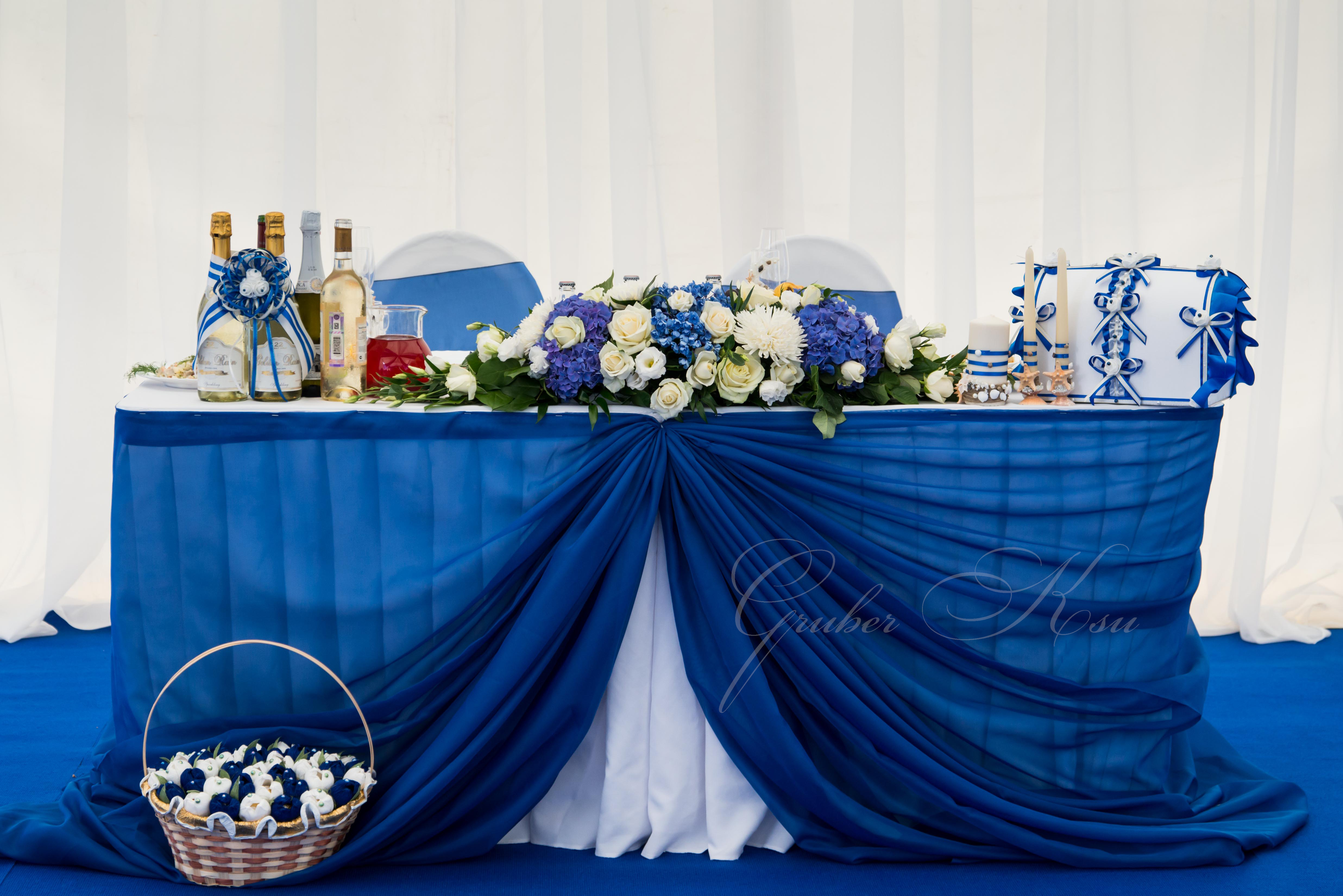 Украшение стола жениха и невесты в синем цвете