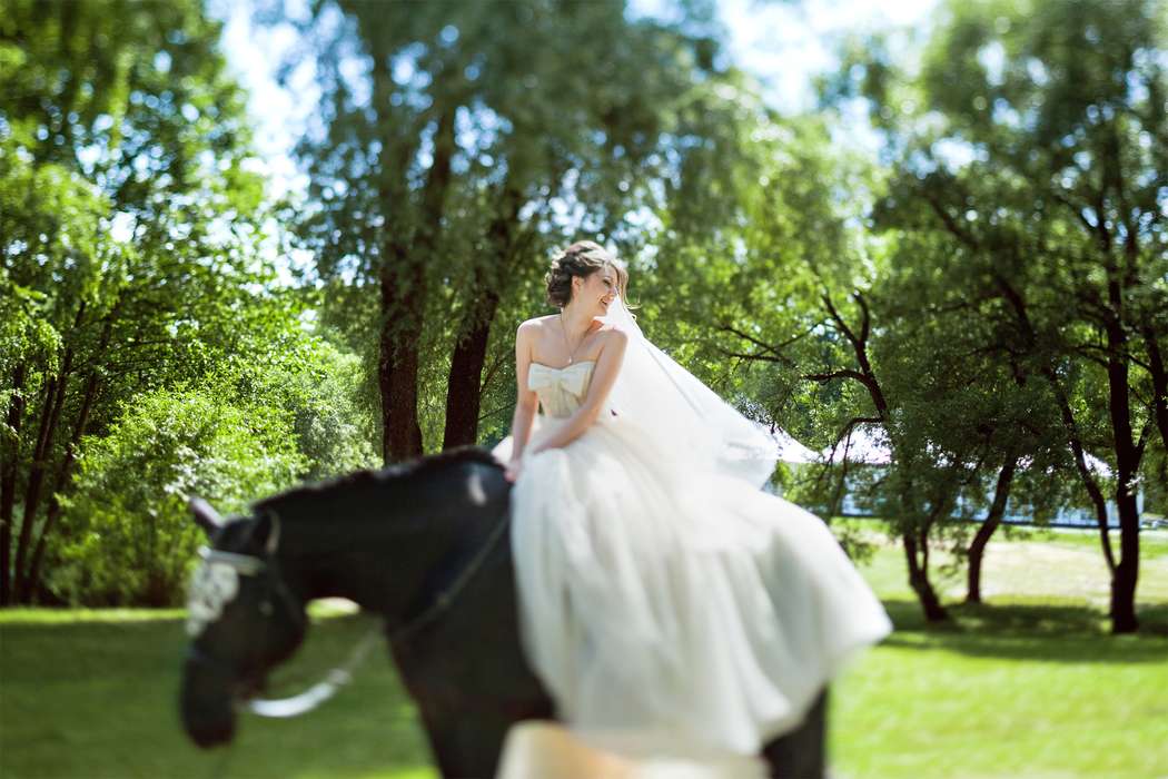 Невеста в белом платье сидит на черной лошади - фото 3220733 desvelarse