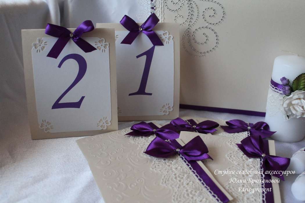 Кремовый свадебный набор с кружевом и сиреневой лентой - фото 2522463 Аксессуары от Юлии Брюхановой