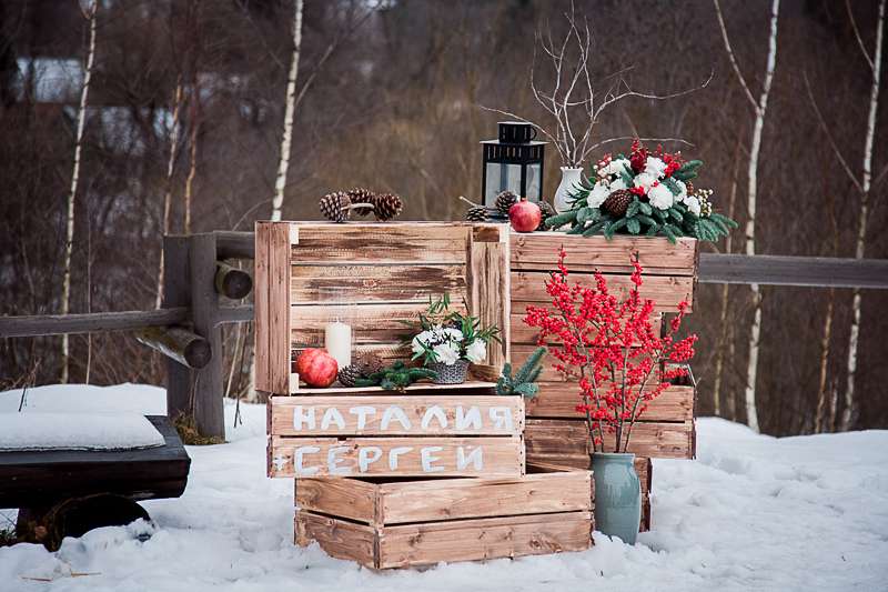 Зимняя выездная регистрация, декор в стиле рустик  - фото 3536305 Фотограф Янна Левина