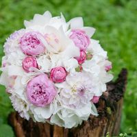 Букет невесты из пионов, гортензий, астр и орхидей в бело-розовых тонах