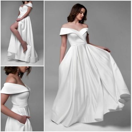 Атласное свадебное платье с разрезом