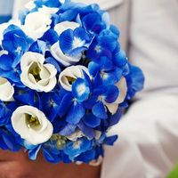 Букет невесты в круглом стиле из синих гортензий и белых эустом