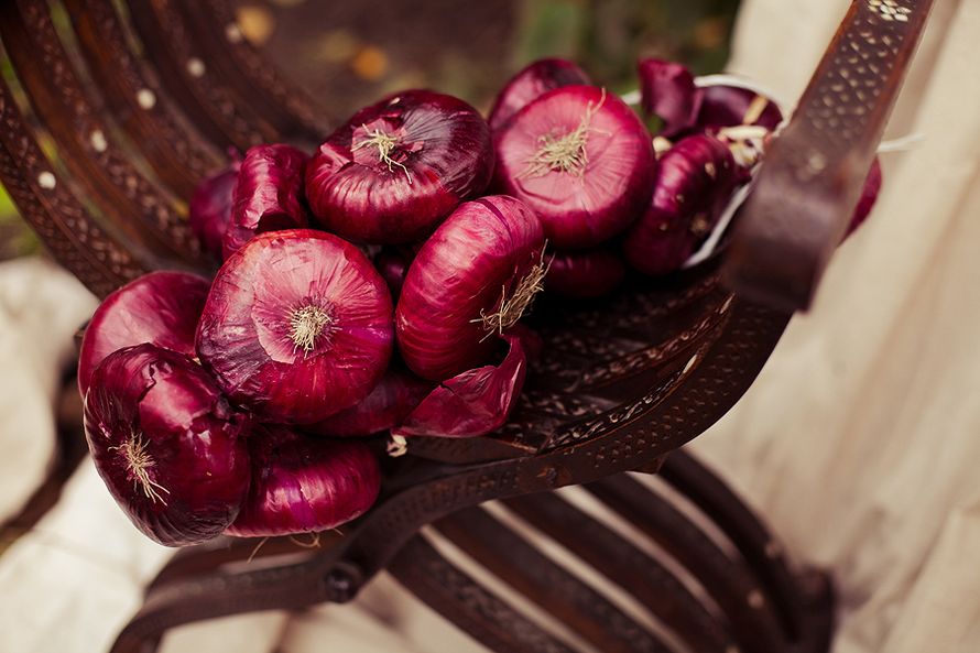 Связка ялтинского лука на коричневой деревянной подставке, декор фотосессии свадьбы в стиле рустик - фото 1775231 Teplo Event Bureau