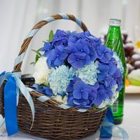 Букет невесты из ярко-синих гортензий, белых и бело-голубых гвоздик в коричневой плетеной корзинке, декорированной голубой лентой