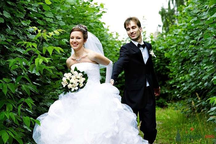 Жених и невеста, взявшись за руки, бегут по лесу - фото 46263 Студия свадебной фотографии Сергея Рыжова