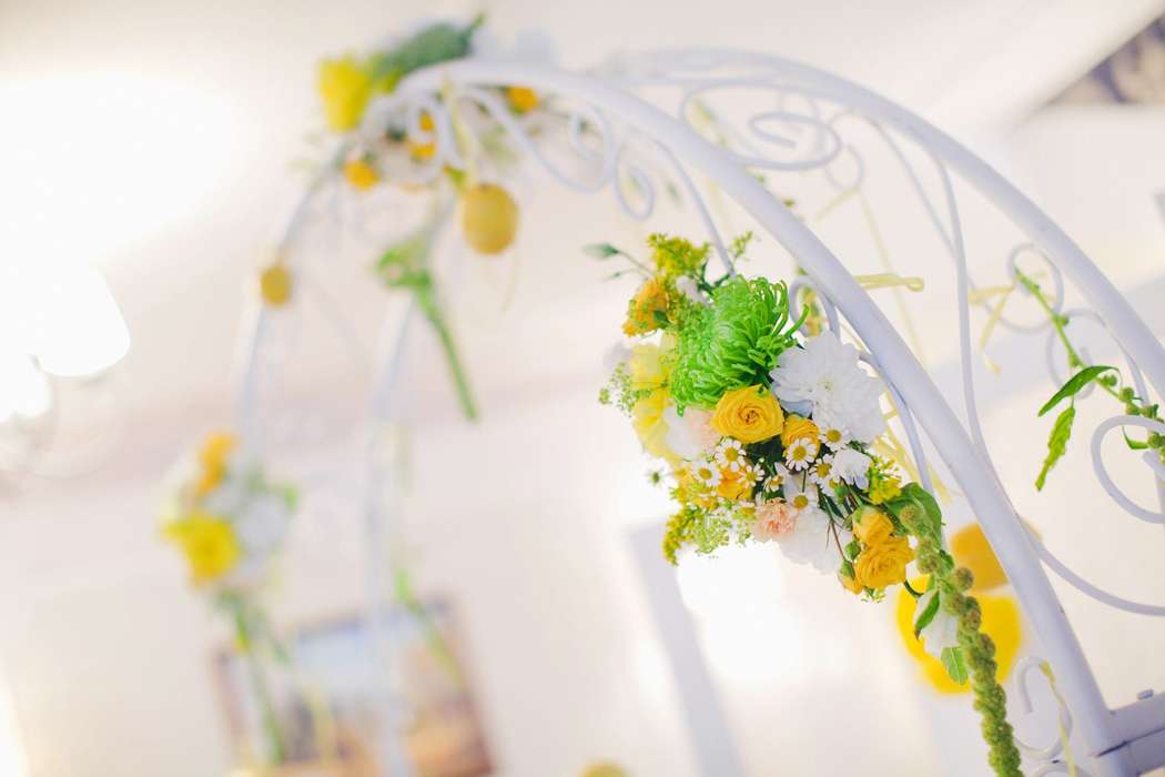 Декор арки салатными игольчатыми хризантемами, желтыми розами, белой гортензий, амарантом, ромашки, эустом и зелени. - фото 2487173 Свадебное агентство Лиан эвент