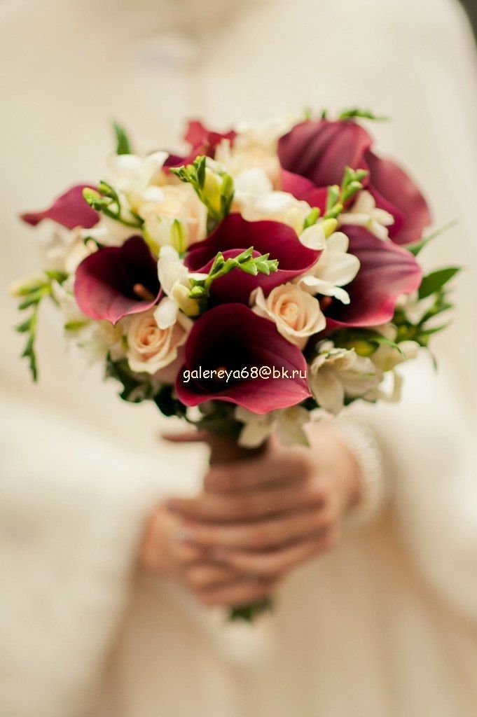 Строгий стильный букет невесты (кремовая роза, бордовые каллы, белая фрезия) - фото 2077788 Галерея цветов - флористика