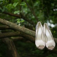 Белые тканевые туфельки для невесты на ветке дерева