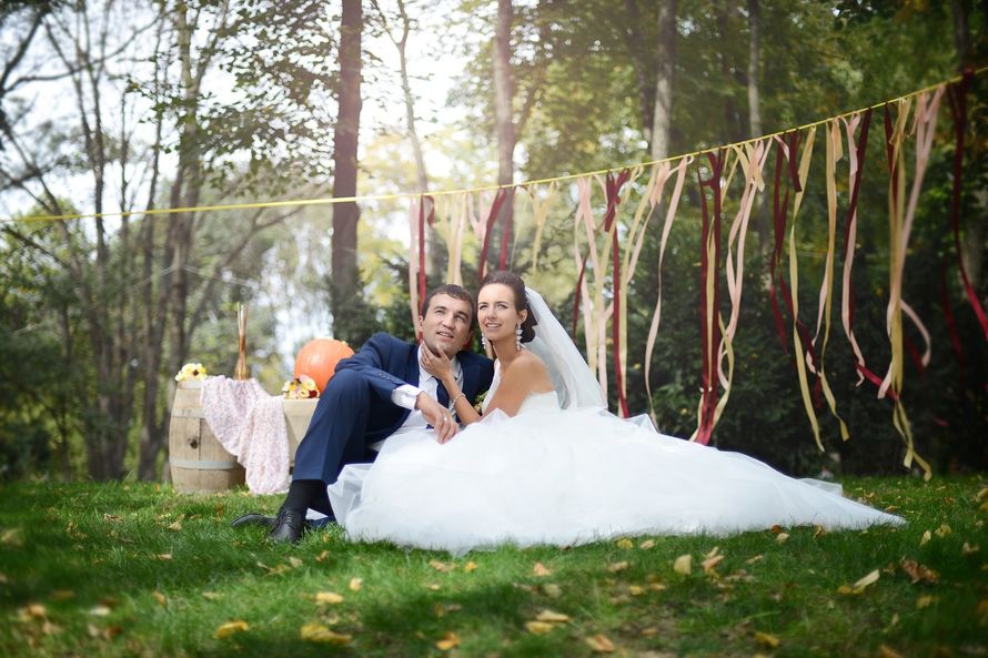 Жених и невеста, прислонившись друг к другу, сидят на лужайке под деревьями, украшенными лентами - фото 3437987 Яна Лазебная