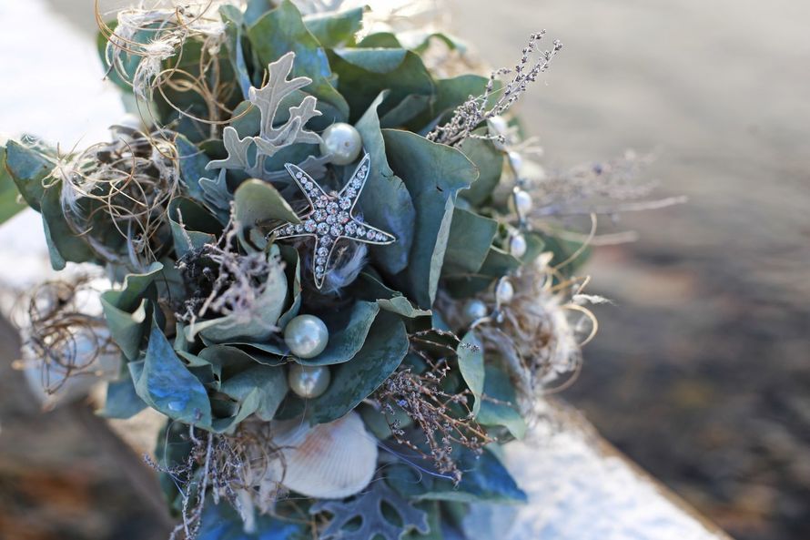 Букет невесты из серо-зеленой цинерарии, коричнево-серых сухоцветов и зеленых листьев в морском стиле, декорированный белыми - фото 3535863 Rozmarin Gala флористика и декор