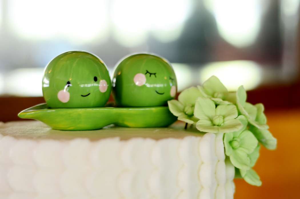 Белый свадебный торт, украшенный двумя зелеными колобками на блюдечку, сбоку сахарный цветок - фото 1486617 Well wedding - свадебное агентство