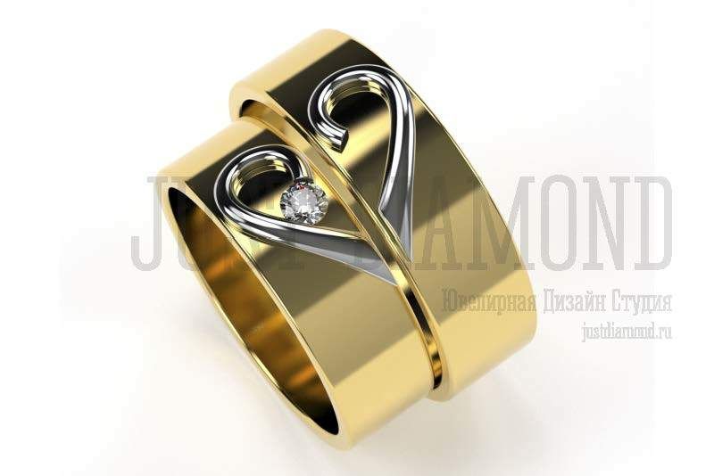Обручальные кольца LOVE, белое и лимонное золото, бриллиант. - фото 4305453 The Just Diamond ювелирная дизайн-студия