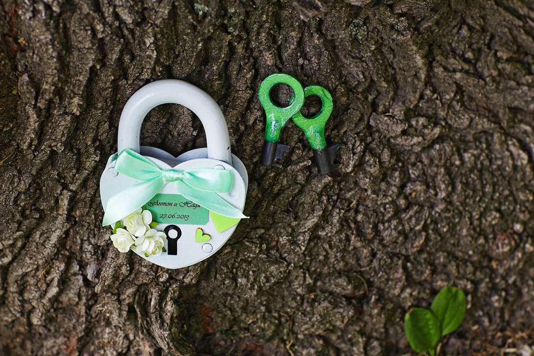 На стволе дерева лежит зеленый замок в виде сердца, украшенного бантом, и ключи - фото 1272465 Фотограф Осин Александр
