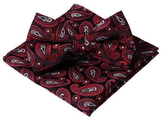Комплект галстук бабочка и платок черный с красным узором пейсли
