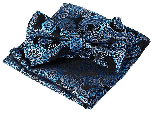 Комплект галстук бабочка и платок черные в цветочный рисунок